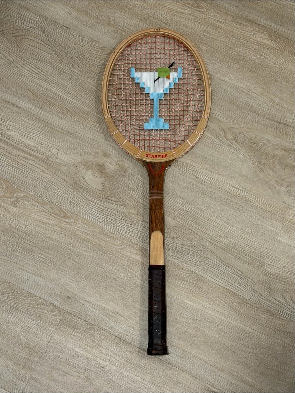 Vintage Wooden Tennis Racket Wall Art with Blue Martini Cross-Stitch